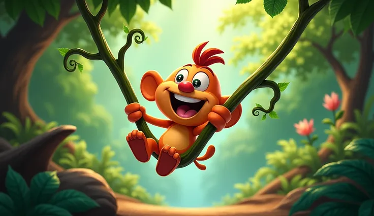 Babloo energetically swinging from a vine with a joyful expression.