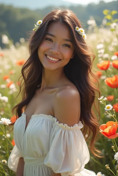 

best quality, masterpiece, very high resolution, (In Photorealist: 1.4), Raw photo, beautiful Indonesian woman wearing white dress with open shoulders  ,with flowers in her hair, blooming flower fields, glowing skin, bright smile. Long hair blowing in th...