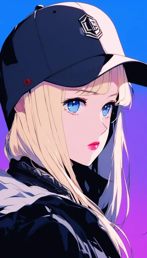 Illustrator, anime, realistic, sketch, one girl, lip, blue gradient background, neon hair, texture trim, (masterpiece, highest quality) gunyo, blonde and white-haired woman in a hat and black jacket, sharp focus cinematic lighting, close-up portrait movie ...