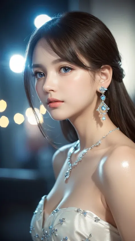 masterpiece, Highest quality, figure, Sax Blue, Platinum Earrings, Platinum Necklace, White Dress, One girl, cute, (Dynamic Lighting:1.2), Cinema Lighting, Delicate facial features, Detailed eyes, Sharp pupils, Realistic students, Depth of written boundary...