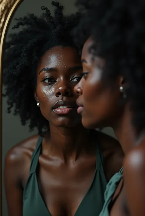 (photorealism:1.2), beautiful black woman steers in a mirror at her self battered and bruised by all the pain she had to endure tears running down her face scares on her skin but her reflection smiles back with hood
