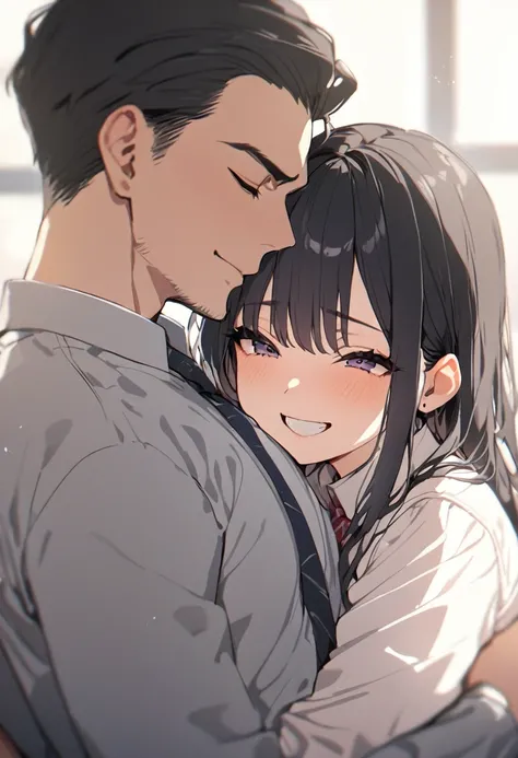 ((best quality)), ((masterpiece)), (detailed), (1girl 1men), sexly, height１５３A cute high school girl with long, straight black hair, Smiling and hugging a man, opening her mouth