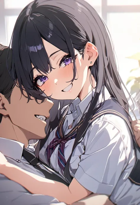 ((best quality)), ((masterpiece)), (detailed), (1girl 1men), sexly, height１５３A cute high school girl with long, straight black hair, Smiling and hugging a man, opening her mouth