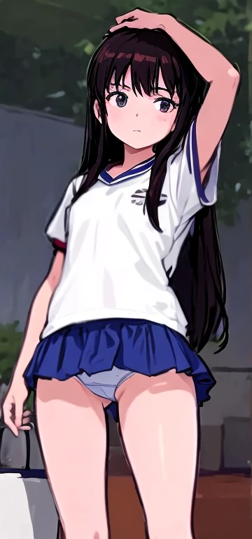 A sixth grade girl with beautiful legs is standing in a white gym uniform and light navy blue bloomers that look like panties.。