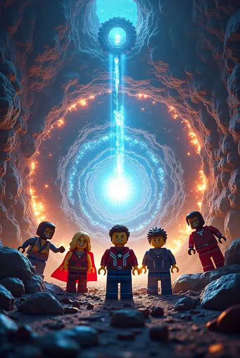 I want a movie cover about the portal of the Lego worlds that is the Avengers , ninjago, Minecraft, League of Justice , but more innovative 
