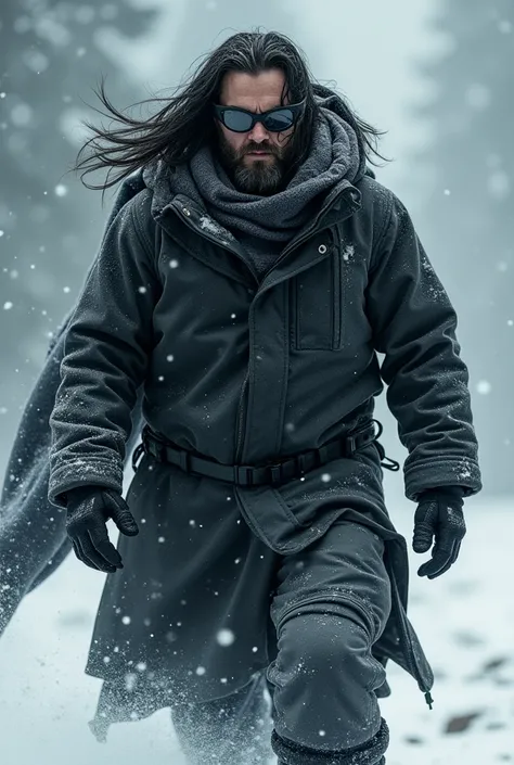 A man in having long black hair and beard wearing complete black outfit of winter with black jacket and black googles
