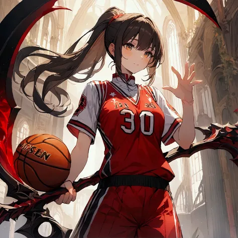 Wearing the red number 10 basketball uniform，A cute girl with a ponytail and SHOHOKU written on her clothes，Basketball in left hand，Holding a scythe in his right hand，4K