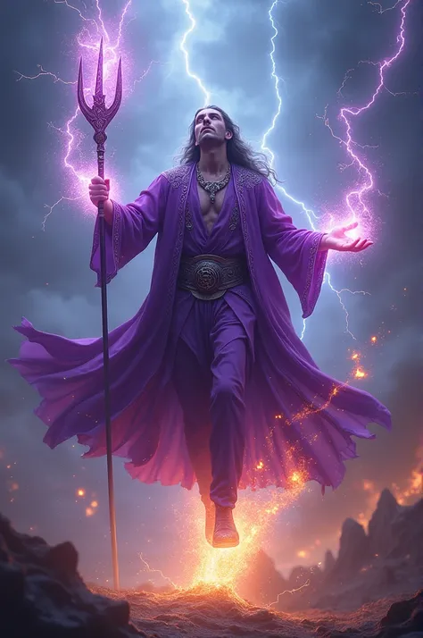 Man, with purple dress, has a magical trident, can fly, lightning in his hands, fire in his legs