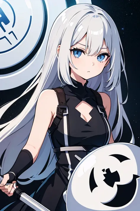 Android girl, silver hair, expressionless, holding a halberd