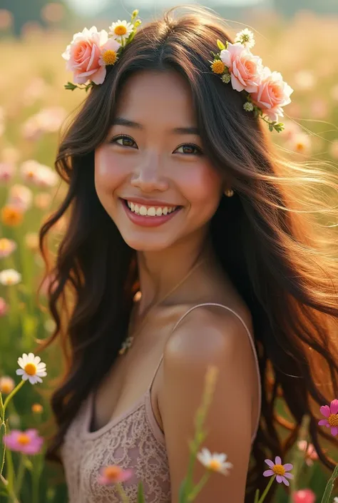 

best quality, masterpiece, very high resolution, (In Photorealist: 1.4), Raw photo, beautiful Indonesian woman wearing white dress ,with flowers in her hair, blooming flower fields, glowing skin, bright smile. Long hair blowing in the wind. Hyper smooth,...