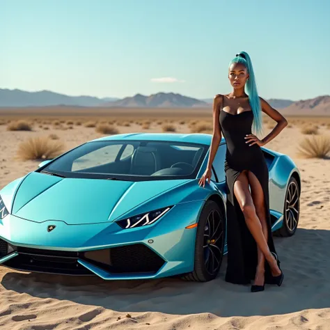 In a desert The focus is on a sleek, light blue Lamborghini sports car, The car is highly polished, reflecting the surrounding scenery. A stylish beautiful biracial latina woman, light blue eyes, large breasts with a long, straight light blue ponytail and ...