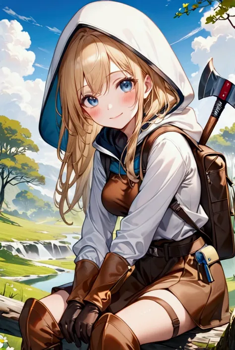 The image shows a young woman sitting on a branch, surrounded by a natural environment. She has long golden hair, and a calm expression. He wears a worn-out outfit with several brown leather patches., high boots and long gloves. He carries an exploration b...