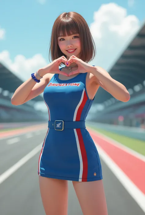 ((photographic, super-realism, Very realistic :1.5)), front chest , finger at With both hands make heart sign, pit of Circuit,  on race road, standing pose,Front view, solo  , Japanese girl , 20-age-old, (light brown hair,  middle hair, fringe, little lip,...