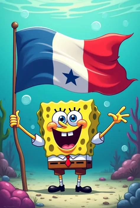 Spongebob with the flag of Panama, that the flag is clearly visible 