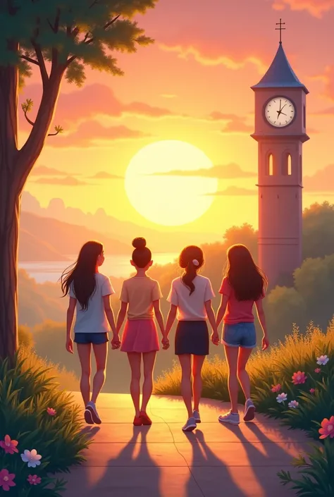 clock in the background young people holding hands walking towards the sun