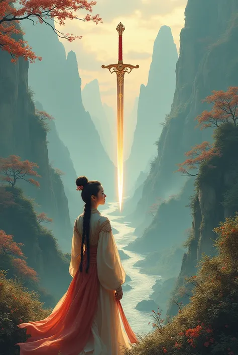 Fantasy world, ancient China, magic sword falls from the air, in front of the warrior, young woman