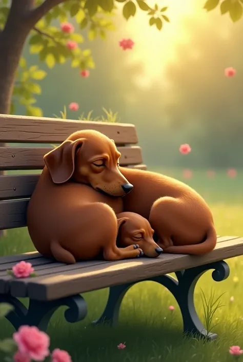 Dachshund parent and child、Sleeping on a park bench、in the spring sunshine、evening