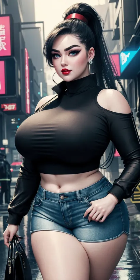 {Ultra HD, 4K, HDR, 8K, hyper realistic face, close up, looking straight at viewer}, (Luxurious cyber hacker in cyberpunk streets, goddaamn gorgeous, BBW, SSBBW, chubby, age 30, arrogant smirk, wearing shorts, looking like Doll), ((high lavish ponytail, re...