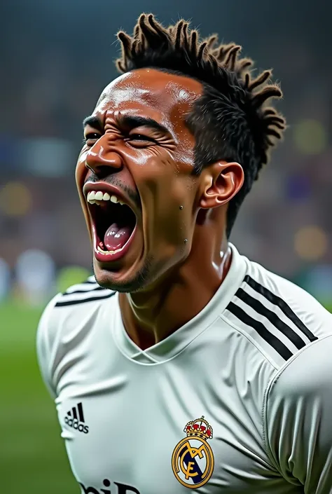 masterpiece,Best Quality,realist,A photo of Hugo Sanchez, Mexican soccer player, celebrating a goal with a shout of goal (head shot:1.3)wearing a Real Madrid uniform from the 2023 season