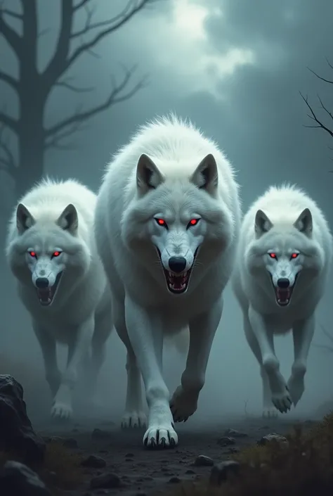 a dark pack of white wolves with red eyes