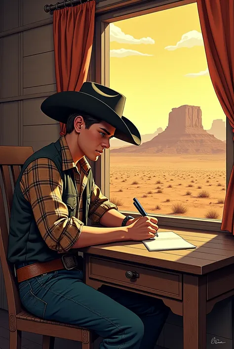 Hyperrealistic comic 1950s a young cowboy writing a letter in his room next to the window in the background you can see the desert 