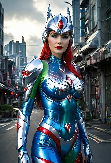 Full body image, standing, Princess Zelda giant, (red with silver costume:1.5), as Ultraman, immensely large breasts1, very tight body suit, heavy makeup on her face, light blue jewel on the breastplate, helmet on head, red lipstick on her mouth, (she gree...