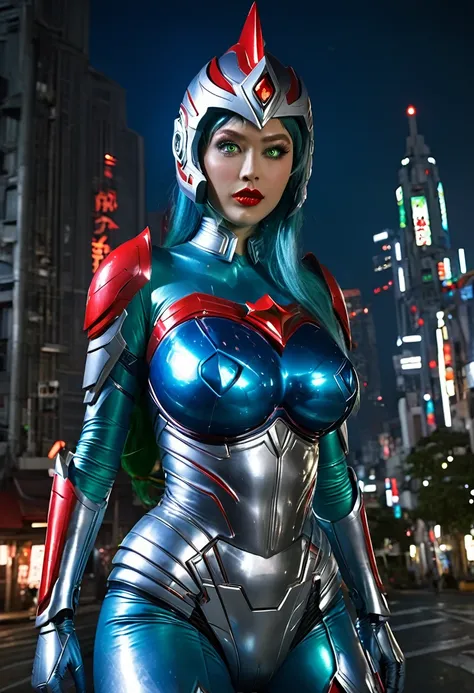 Full body image, standing, Princess Zelda giant, (red with silver costume:1.5), as Ultraman, immensely large breasts1, very tight body suit, heavy makeup on her face, light blue jewel on the breastplate, helmet on head, red lipstick on her mouth, (she gree...