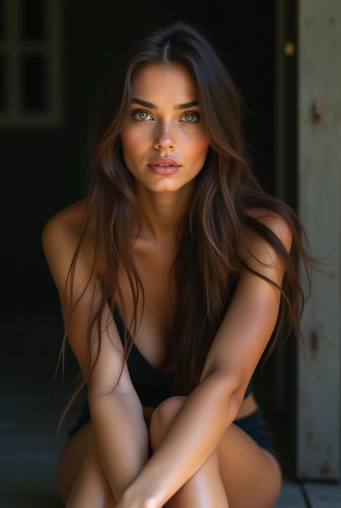 An Award Winning Capture, Masterful Work of Detail, of a woman with playful gaze, knees together, very long hair, porch, dark atmosphere, detailed face, beautiful detailed eyes, beautifully detailed lips, extremely detailed eyes and face, long eyelashes, n...