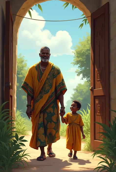 An igbo man holding a boys hand, walking through an open door