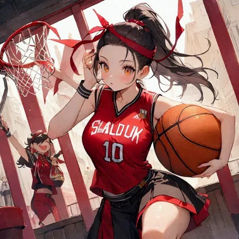 Wearing a red number 10 basketball jersey，Shohoku uniform，SLAMDUNK,Cute girl with a ponytail，Holding a basketball，sickle hair accessories，4K