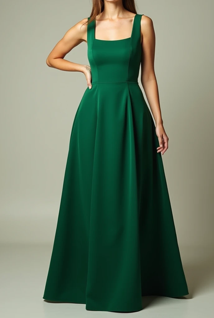 A party dress Plus size Long length Leaf green color Plain and non-satin fabric Plain print Square neckline Thick strap but sleeveless More structured and fitted top Well-fitted at the waist Voluminous skirt 