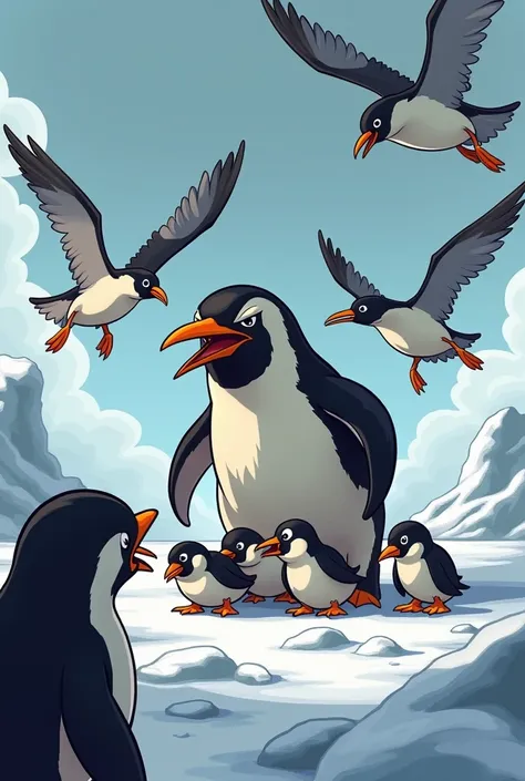 Petrels attacking baby penguins while their mother defends them in a cartoon 
