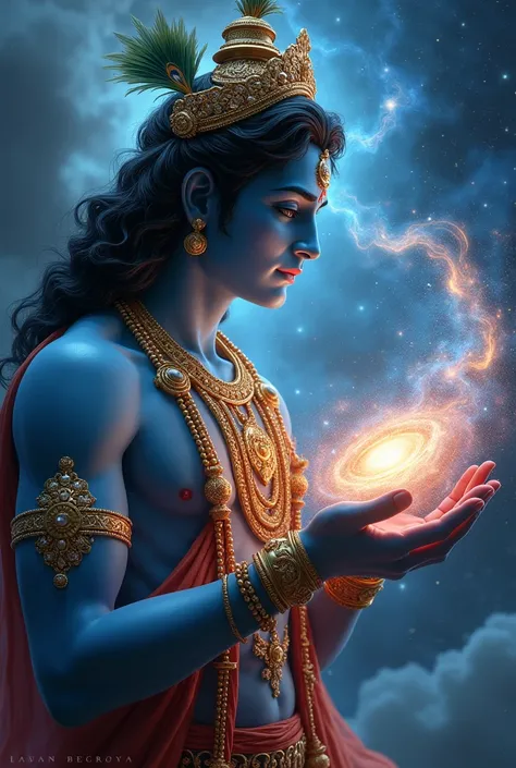 image of lord krishna holding galaxy in his hand