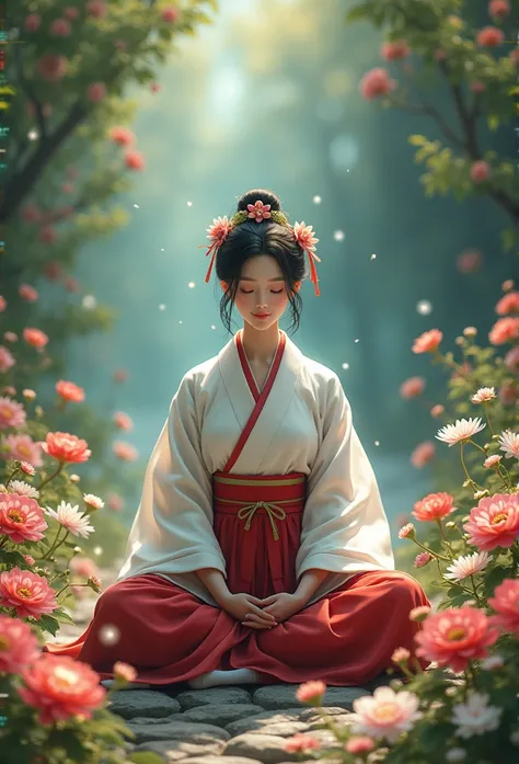 A serene Miko (Japanese shrine maiden) sitting in a meditative pose, surrounded by an array of vibrant, diverse flowers. She is wearing traditional attire: a white kimono and red hakama. The background is filled with blooming flowers in various colors, cre...