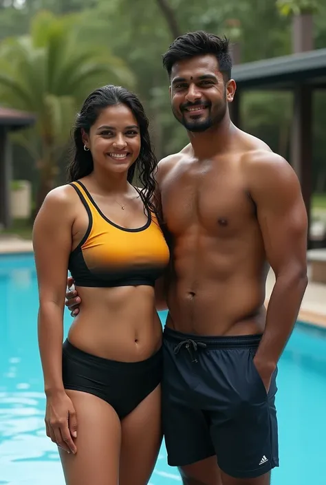 Kerala young straight couple realistic photo in near kerala swimming pool.no ornaments. Female is young curvy chubby. Male is brown skin tone with beard. Front pose photo. Realistic.front photo.wearing wet jersey and sports shorts