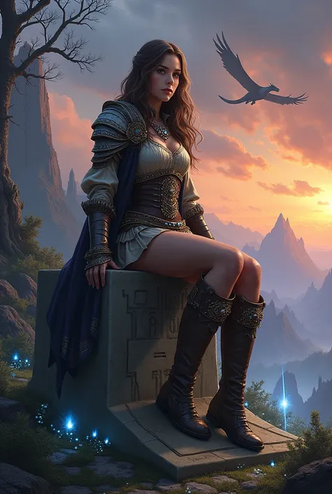 Create an image of a young woman in an epic and fantastic setting, Inspired by the Dungeons and Dragons universe. The woman sits defiantly and confidently on a huge ancient runestone, which is covered in arcane inscriptions and surrounded by a faint mystic...