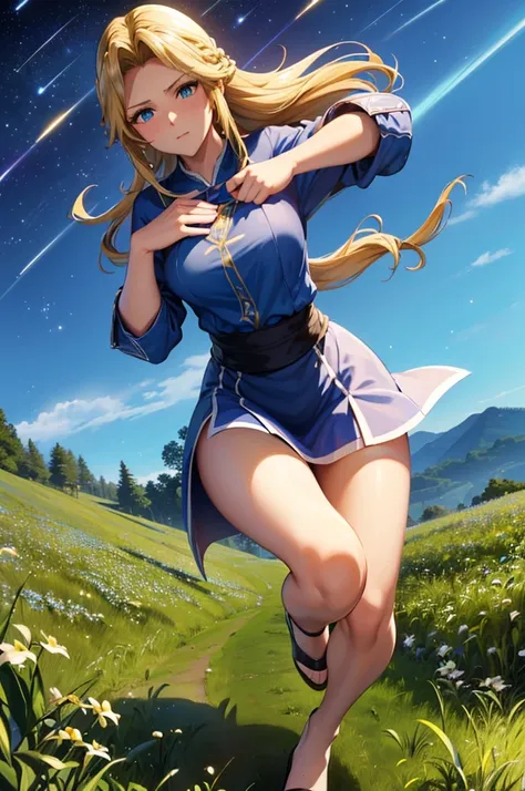 Masterpiece 8k(((((Alice))))) 
((woman,The facial expression is accurate,Anime style face,greenish blue eyes ))
 Night Sky
(((((Shooting stars flowing at night))))) 
8k(((((high school girl))))) 
(((((Grassland on grassland))))) 
(((((座っているwoman))))) 
8k((...