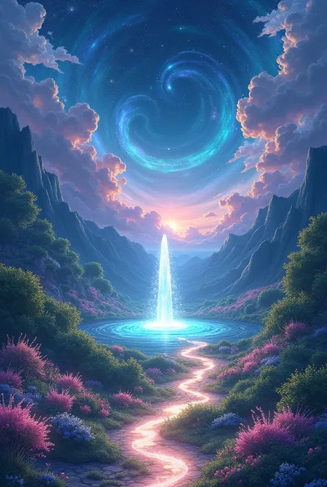 an anime-style celestial garden floating in space, with stardust trees and glowing plants. Nebulae and distant galaxies fill the background, while shimmering light pathways lead to a central fountain emitting cosmic energy