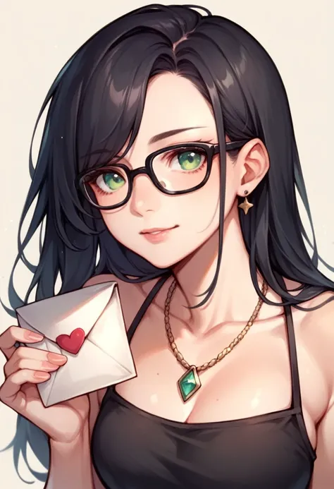 Cute green eyed girl with long black hair wearing a black dress with big tits wearing black glasses and a letter D necklace