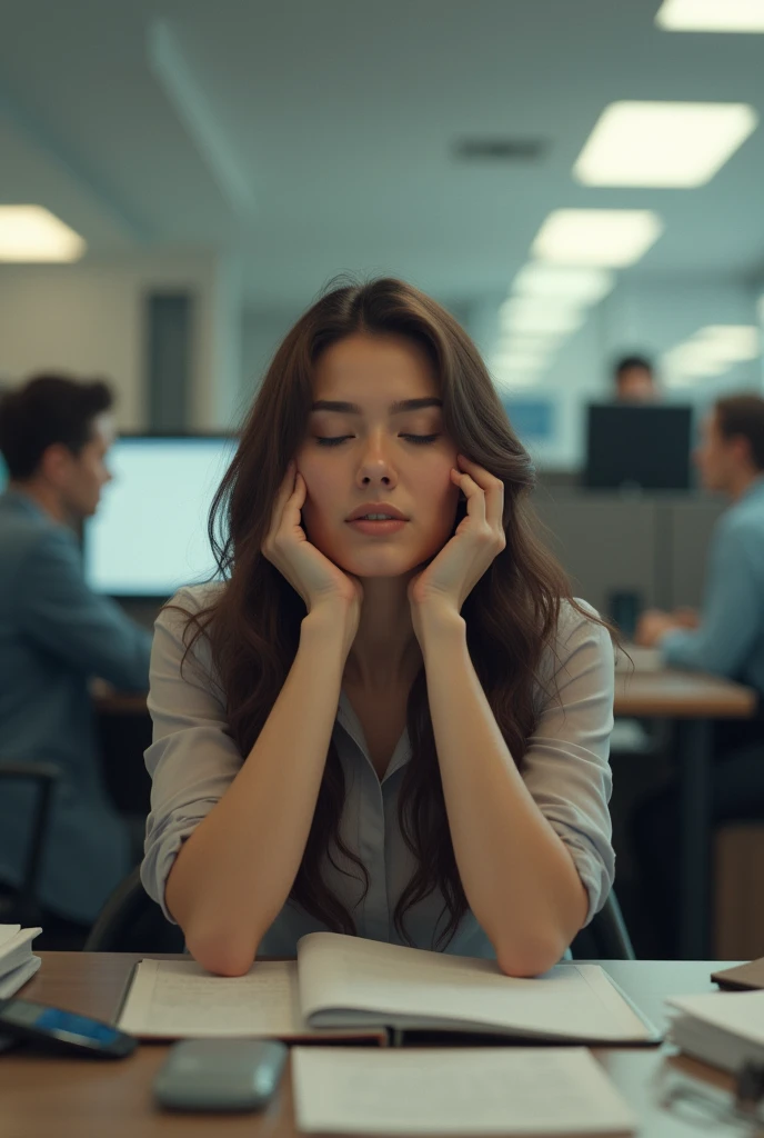 A picture of a woman sitting in an office with with eyes close with her both palms on each side of her face- behind her a visible presence of her colleagues in the office going about their own business.