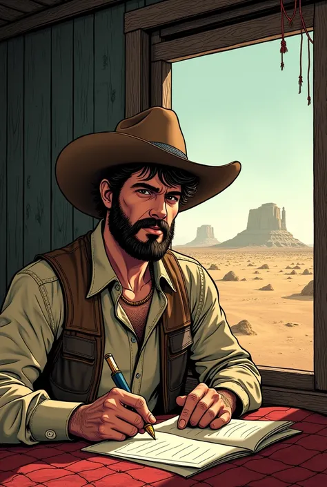 Hyperrealistic comic 1950s a young cowboy with a beard and hat writing a letter in his room next to the window in the background you can see the desert 