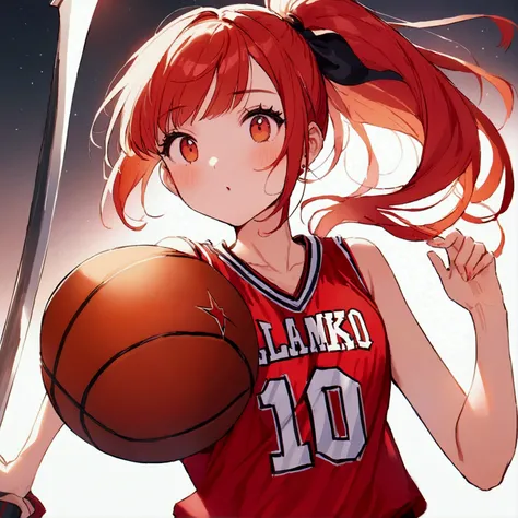 Wearing a red number 10 basketball jersey, SLAMDUNK,Cute girl with a ponytail，Holding a basketball，scythe hair accessories，4K