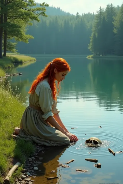 Woman with red hair in peasant dress kneeling washing her hands in clear water at the edge of a large shallow lake in a meadow surrounded by forest sees several bones and animal skeletons at bottom of lakebed 