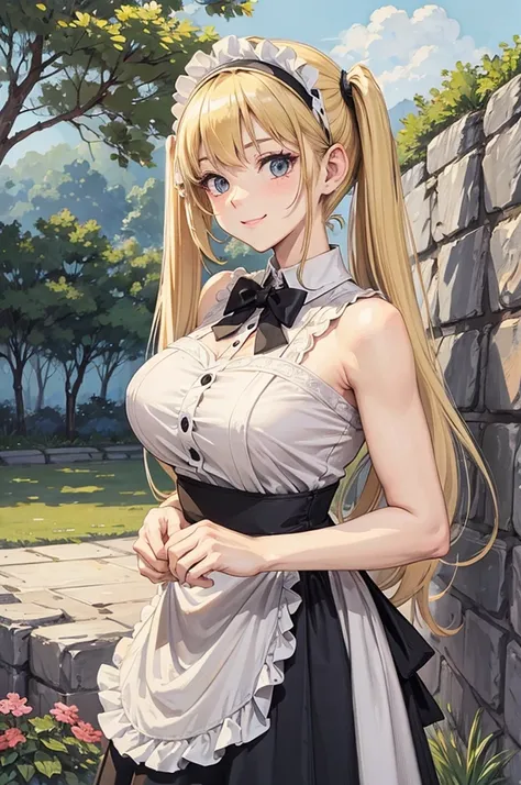 score up_9,score up_8,score up_7,source_anime,masterpiece,best quality,super fine illustration,super detailed,muscle,lady,solo,50yo,maid,cool,twintail,blonde hair,smile,BREAK cat years hairband,perfect hands,perfect fingers,hyper realistic,BREAK garden,det...