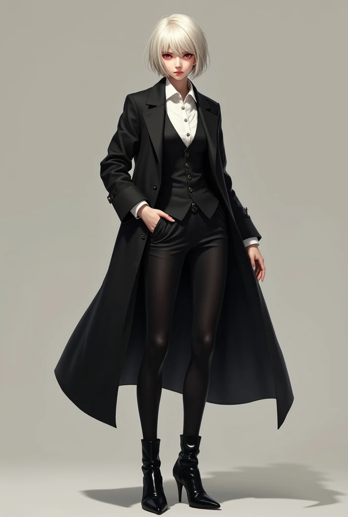 (photorealism:1.2), Pretty girl, short platinum blonde hair, red eye, Layered rice, Black coat, white shirt, black vest, black pants, Slim Fit, knee high black boots, standing, Neutral background, Minimal accessories, natural light, full body shot, profess...