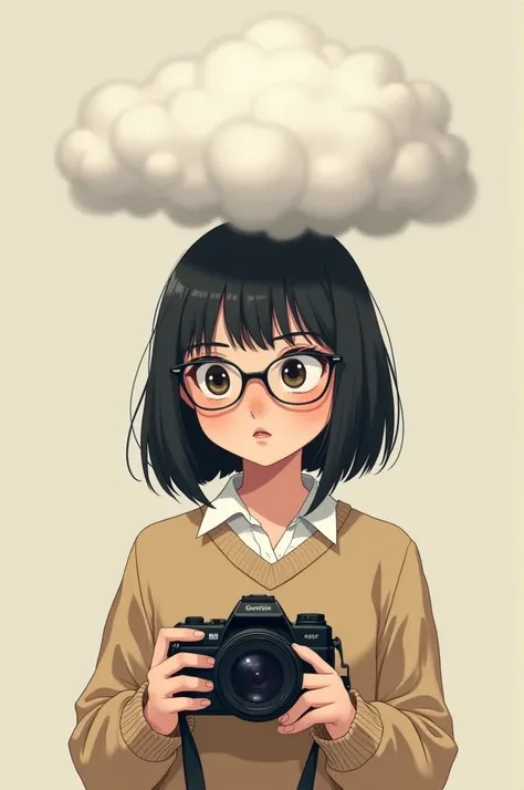 Real girl holding a camera but with a bubble thinking about the emotional blocks she has , The girl has straight black hair and glasses, her face is diamond 