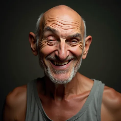 An old man with one eye closed making a nasty expression（Tank top、Close-up of face）: "A detailed and realistic close-up of an elderly man with a bald head, wearing a tight tank top, winking with one eye while giving a sly, suggestive grin. His expression i...