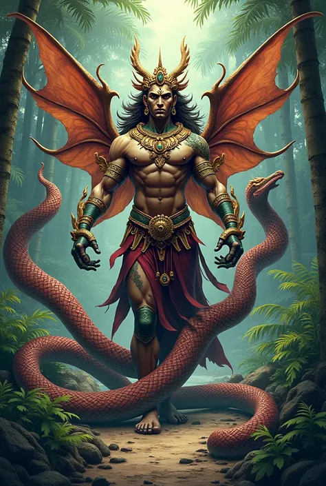 a sri lankan serpent god with a three headed serpent and a dragon in  marvel comic style 
