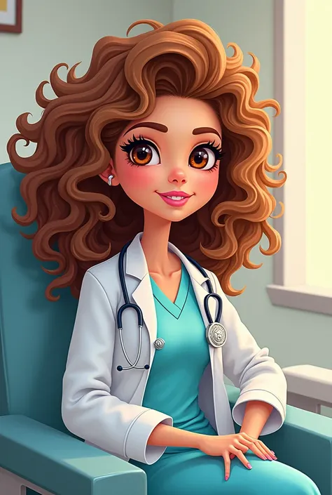 Create a Barbie-type cartoon with brown eyes and a lion-like hair styled like a lion&#39;s mane, wearing medical pajamas and a medical gown, an adult woman sitting down