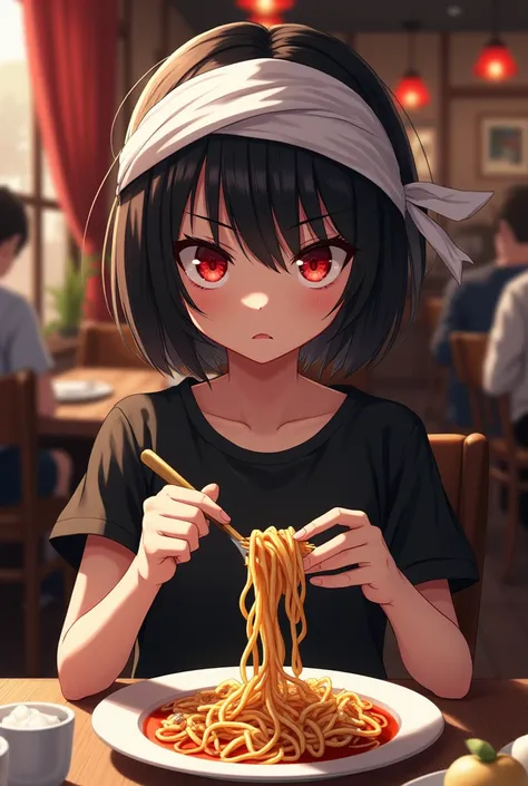 An 1 anime girl with short black hair and red eyes with a sharp and serious look. A bandage is wrapped around her head and she wears boys&#39; clothes. She sits in a restaurant and eats pasta.